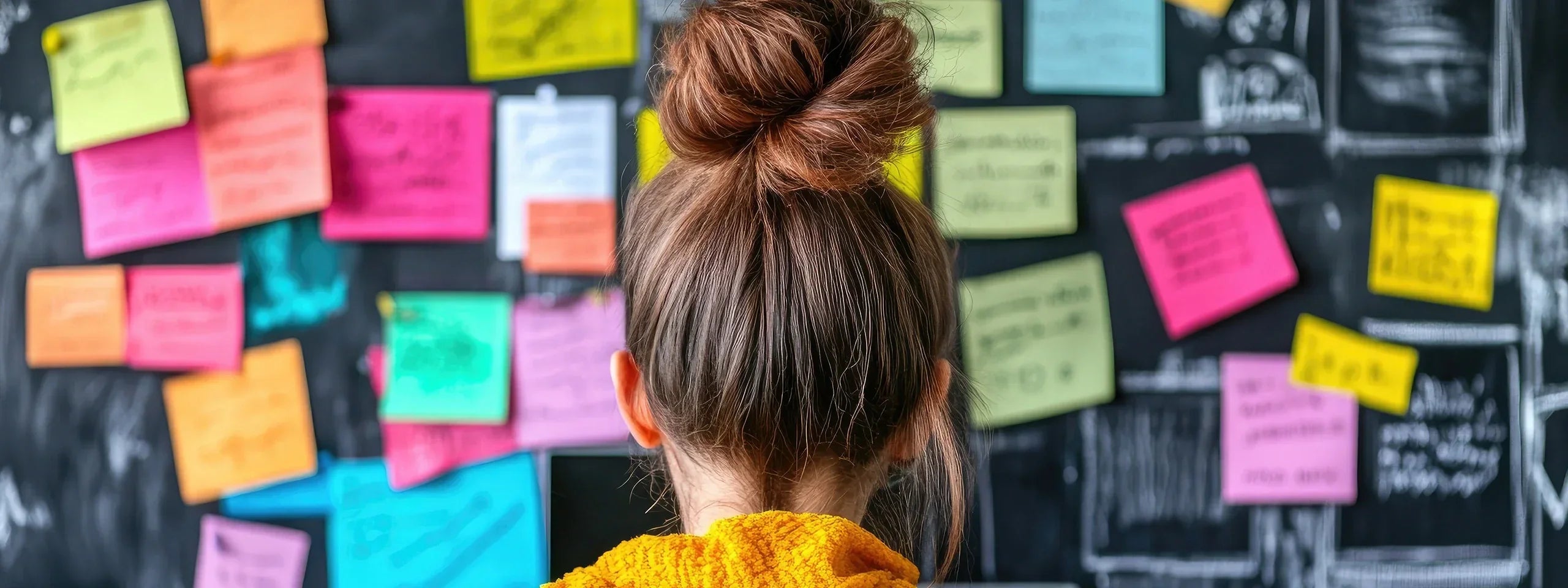 woman in office with post it notes on the wall