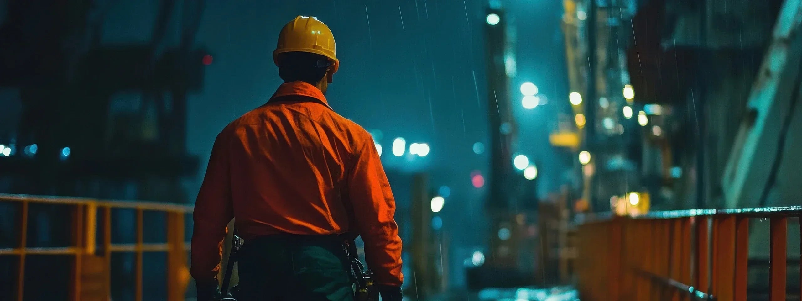 Man in construction working a night shift