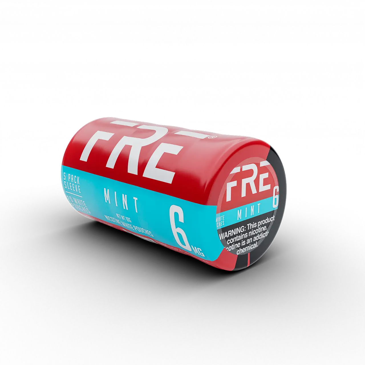 6 mg mint nicotine pouch in a FRE 5-pack sleeve featuring red and blue packaging on a black background.