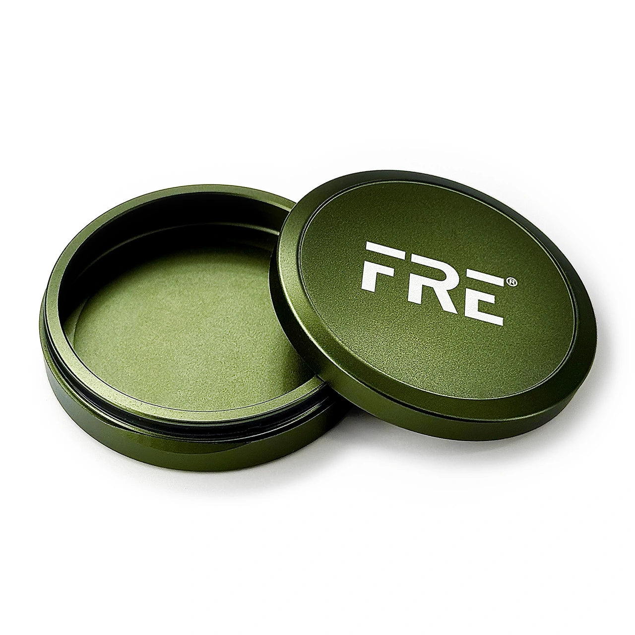 green metal storage tin with twist-off lid, matte finish, and bold white FRE logo centered on top