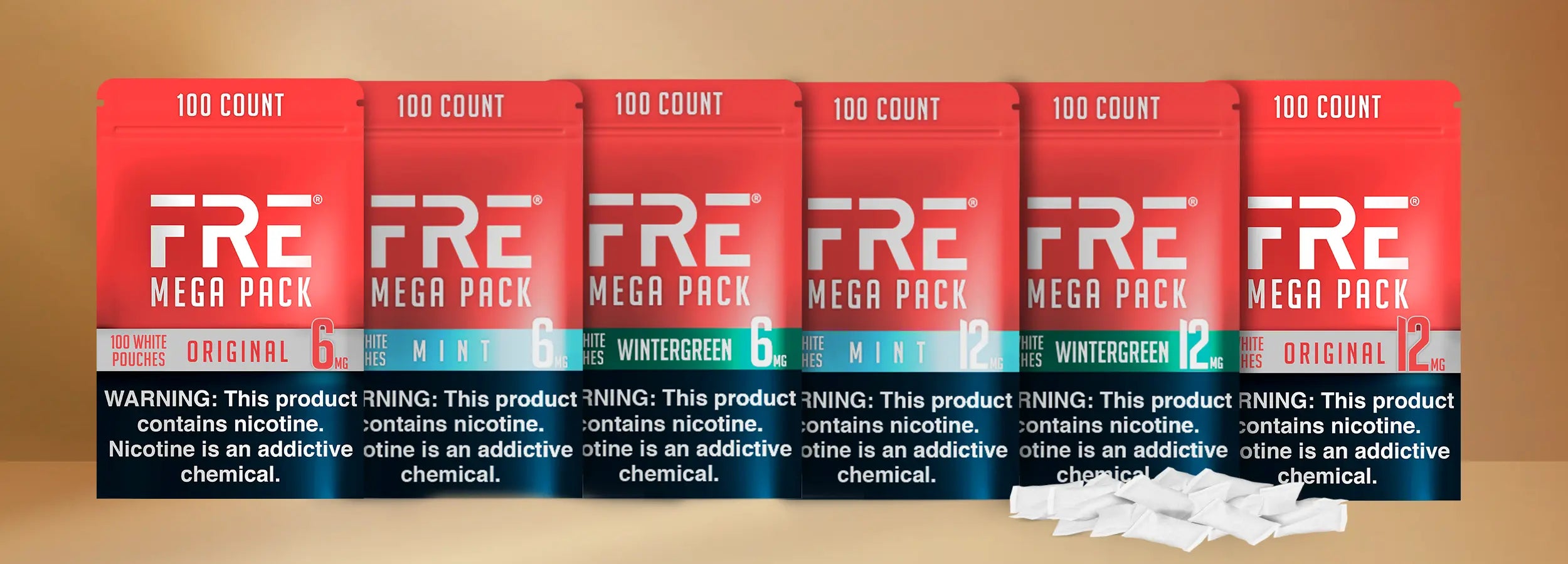 Lineup of FRE Mega Pack 100-count nicotine pouches in Original, Mint, and Wintergreen flavors with 6mg and 12mg strengths, shown with white pouches in front