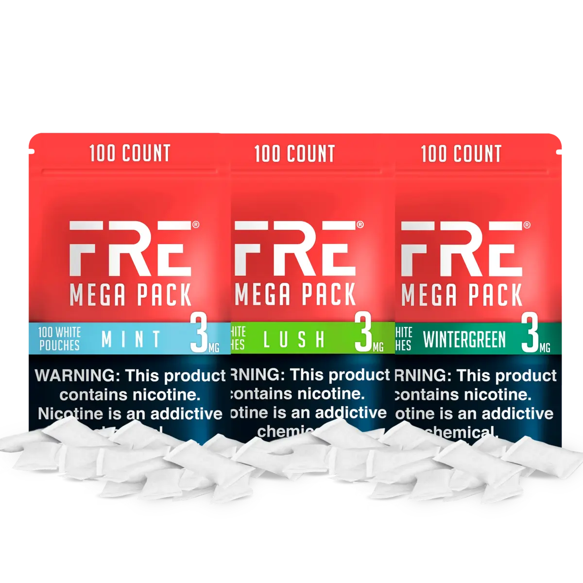 FRE Mega Pack nicotine pouches, 100-count bags in Mint, Lush, and Wintergreen flavors, 3mg strength