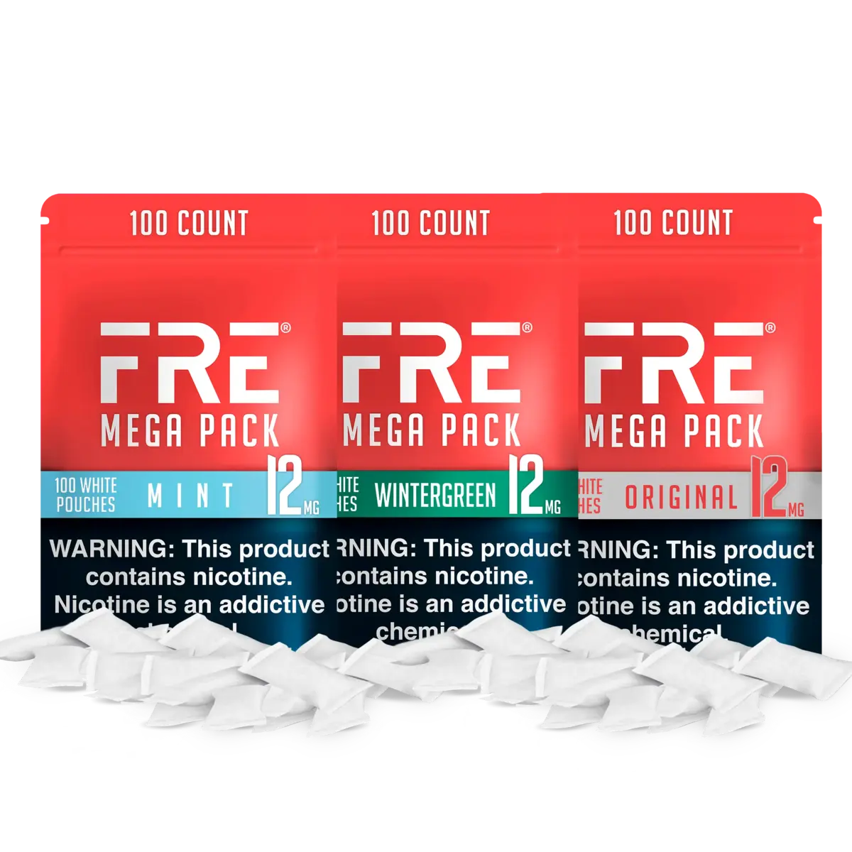 12 mg mega pack nicotine pouches in FRE bundle with mint, wintergreen, and original flavors, each with 100 white pouches and warning label