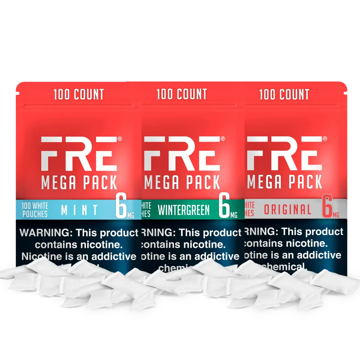bulk 6 mg nicotine pouches in FRE Mega Pack bundle featuring mint, wintergreen, and original flavors with 100 white pouches each and warning label