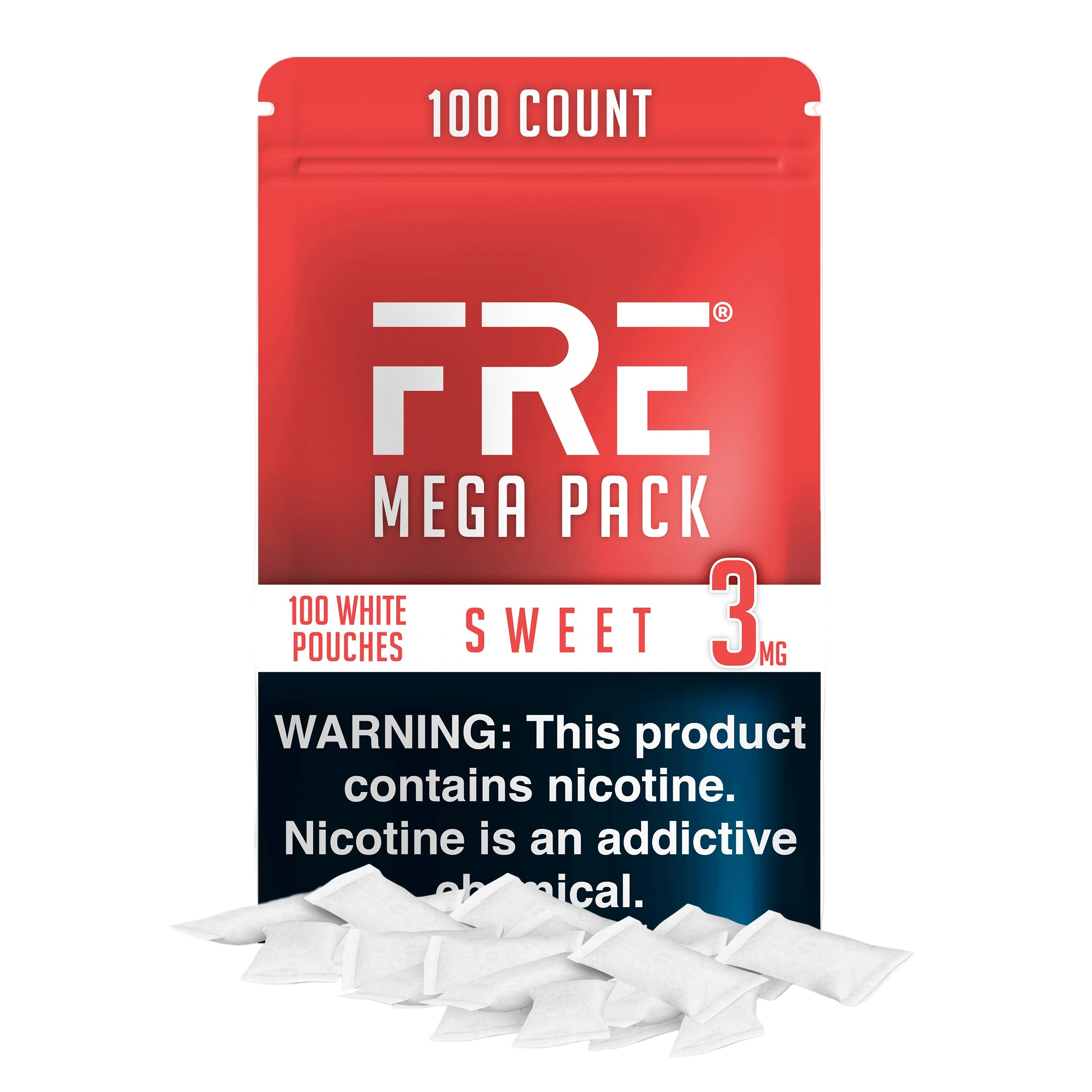 bulk 3 mg sweet nicotine pouches in FRE Mega Pack with 100 white pouches, red and white label, and nicotine warning displayed clearly