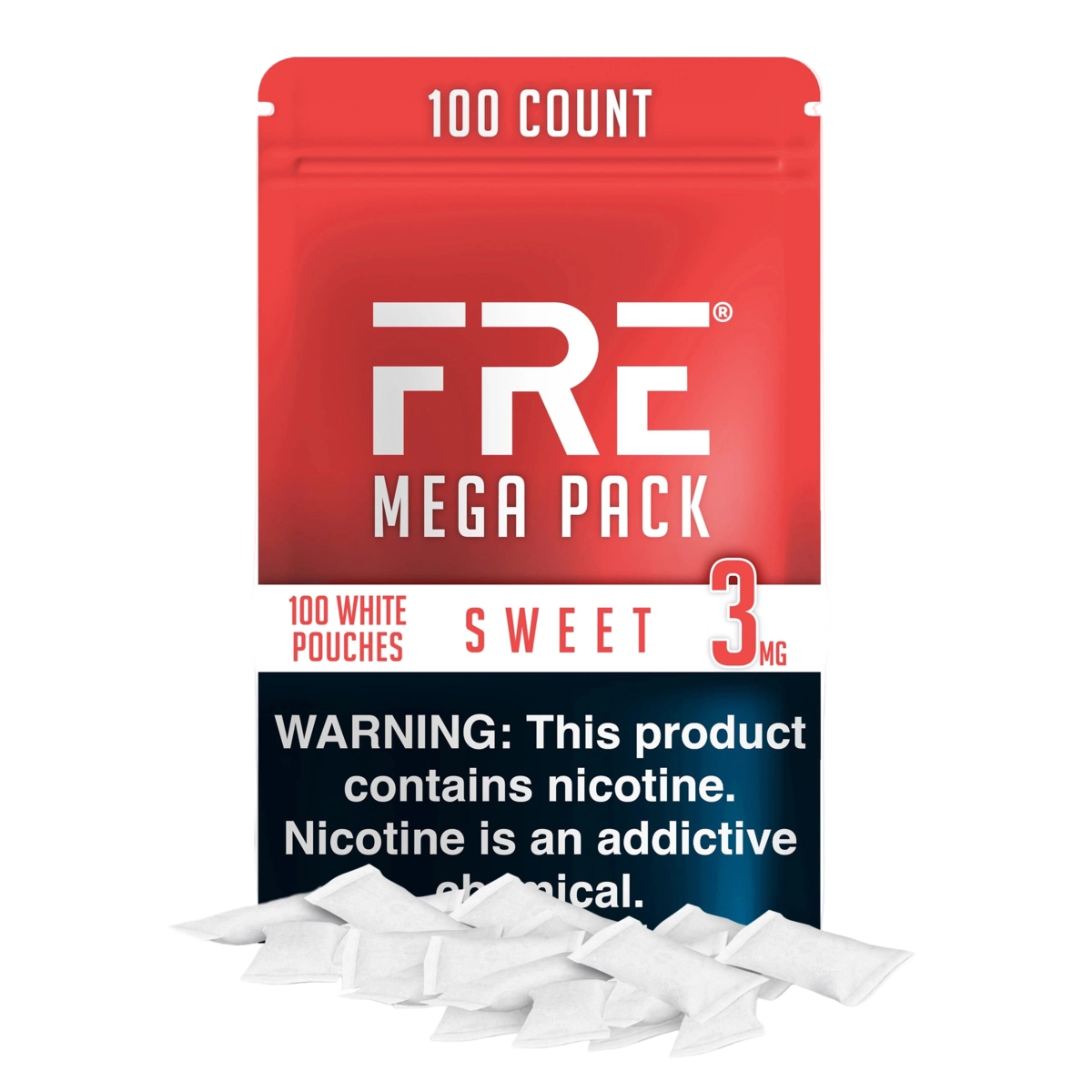 bulk 3 mg sweet nicotine pouches in FRE Mega Pack with 100 white pouches, red and white label, and nicotine warning displayed clearly