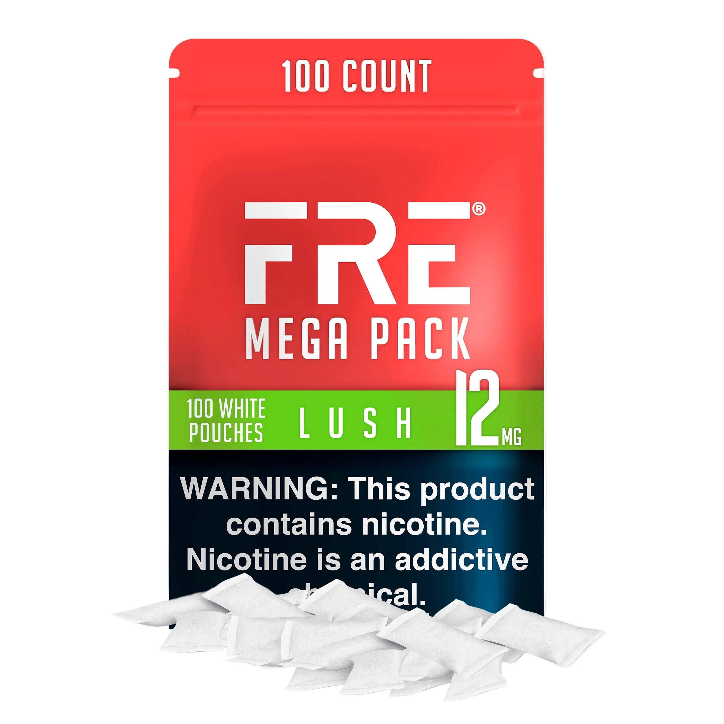bulk 12 mg nicotine pouches in FRE Lush Mega Pack with 100 white pouches, bold red and green design, and nicotine warning label