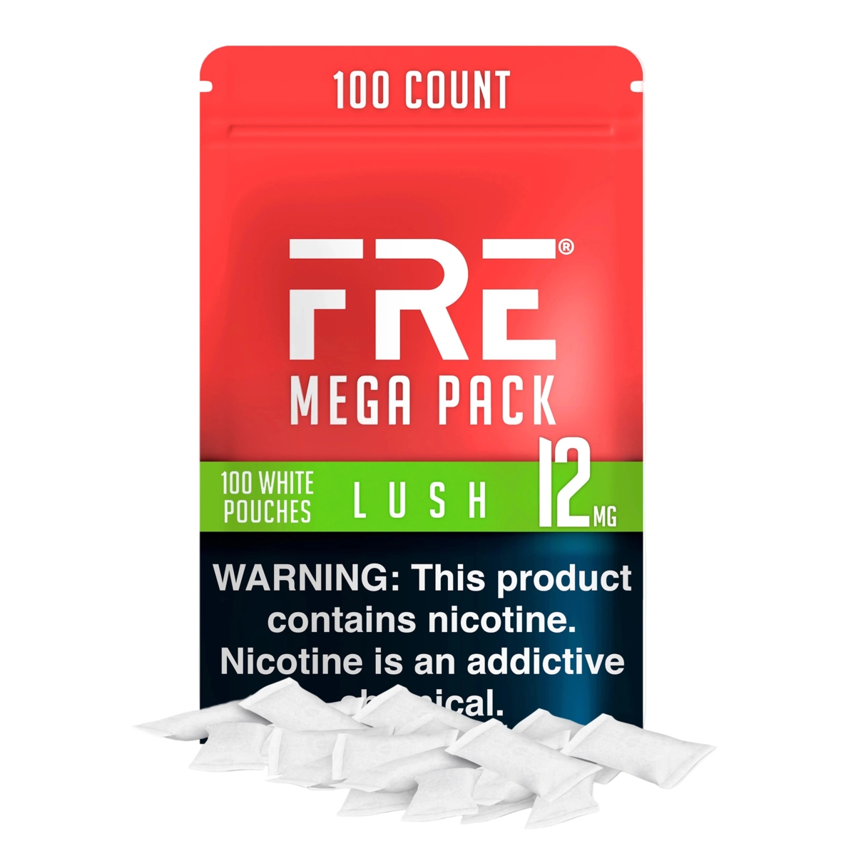 bulk 12 mg nicotine pouches in FRE Lush Mega Pack with 100 white pouches, bold red and green design, and nicotine warning label