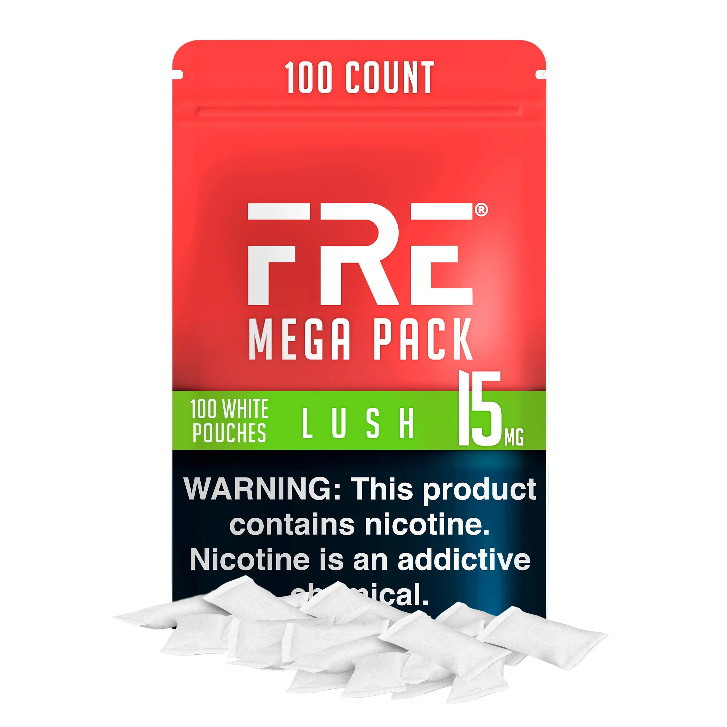 bulk 15 mg nicotine pouches in FRE Lush Mega Pack with 100 white pouches, red and green packaging, and prominent warning label