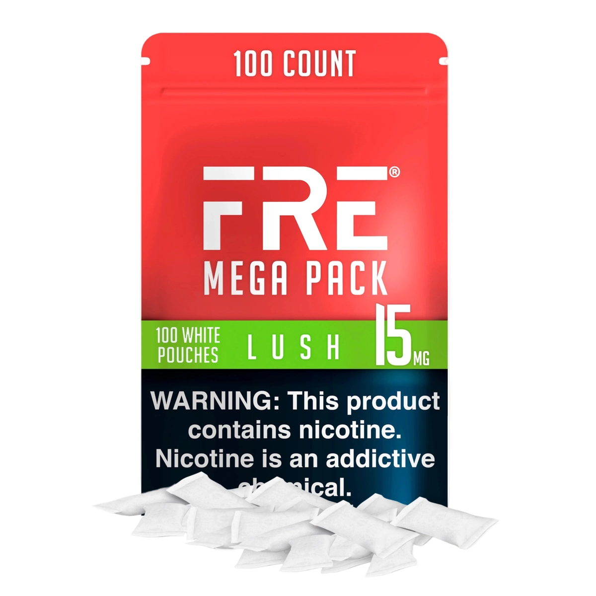 bulk 15 mg nicotine pouches in FRE Lush Mega Pack with 100 white pouches, red and green packaging, and prominent warning label