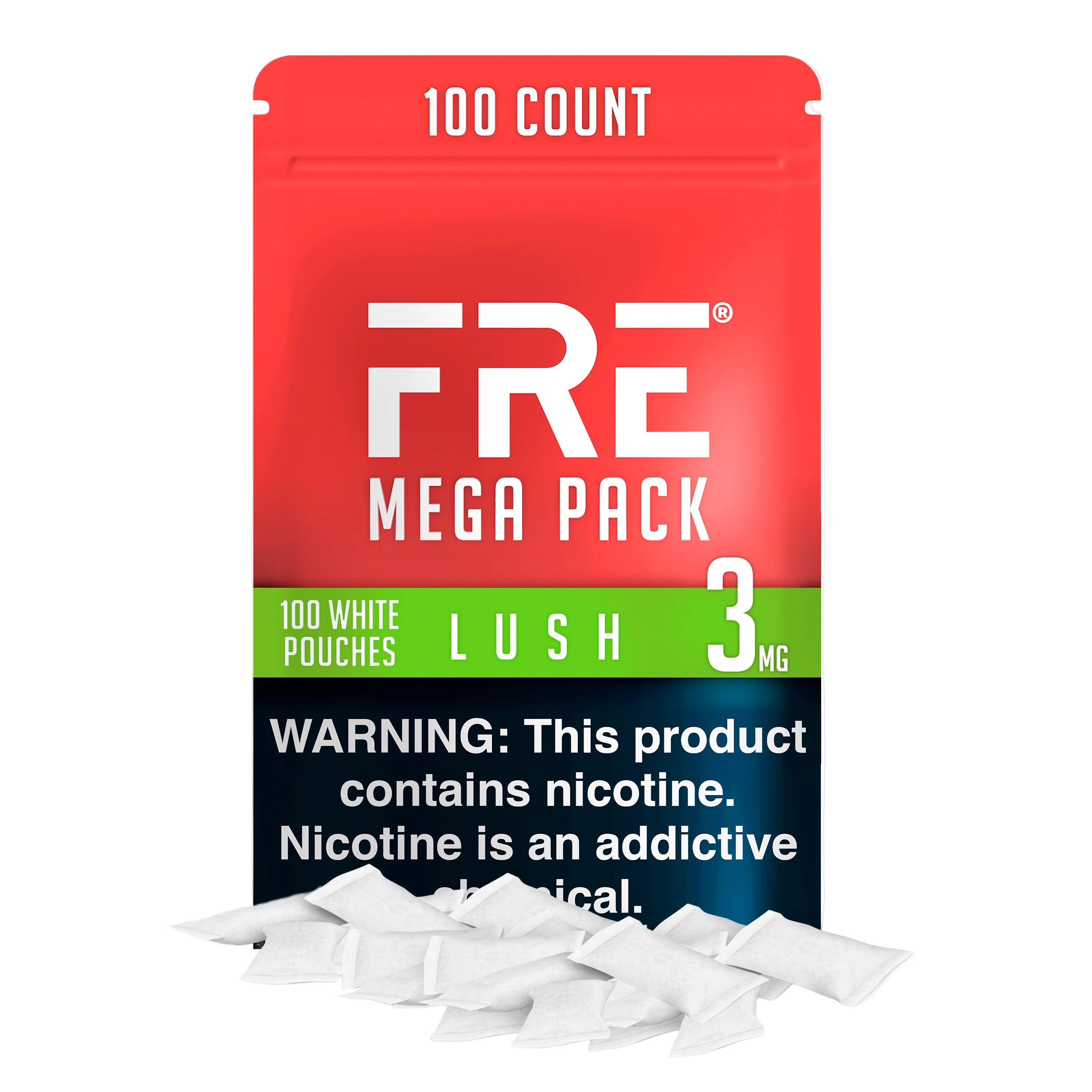 bulk 3 mg lush nicotine pouches in FRE Mega Pack with 100 white pouches, red and green label, and nicotine warning at the bottom