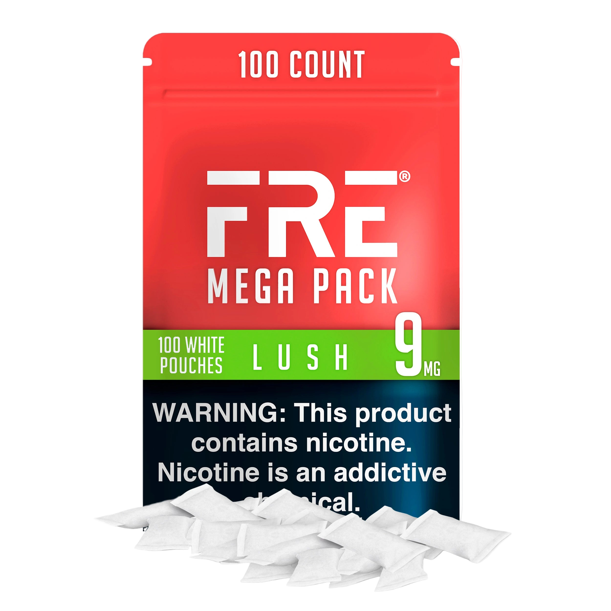 bulk 9 mg nicotine pouches in FRE Lush Mega Pack with 100 white pouches, red and green design, and nicotine addiction warning label