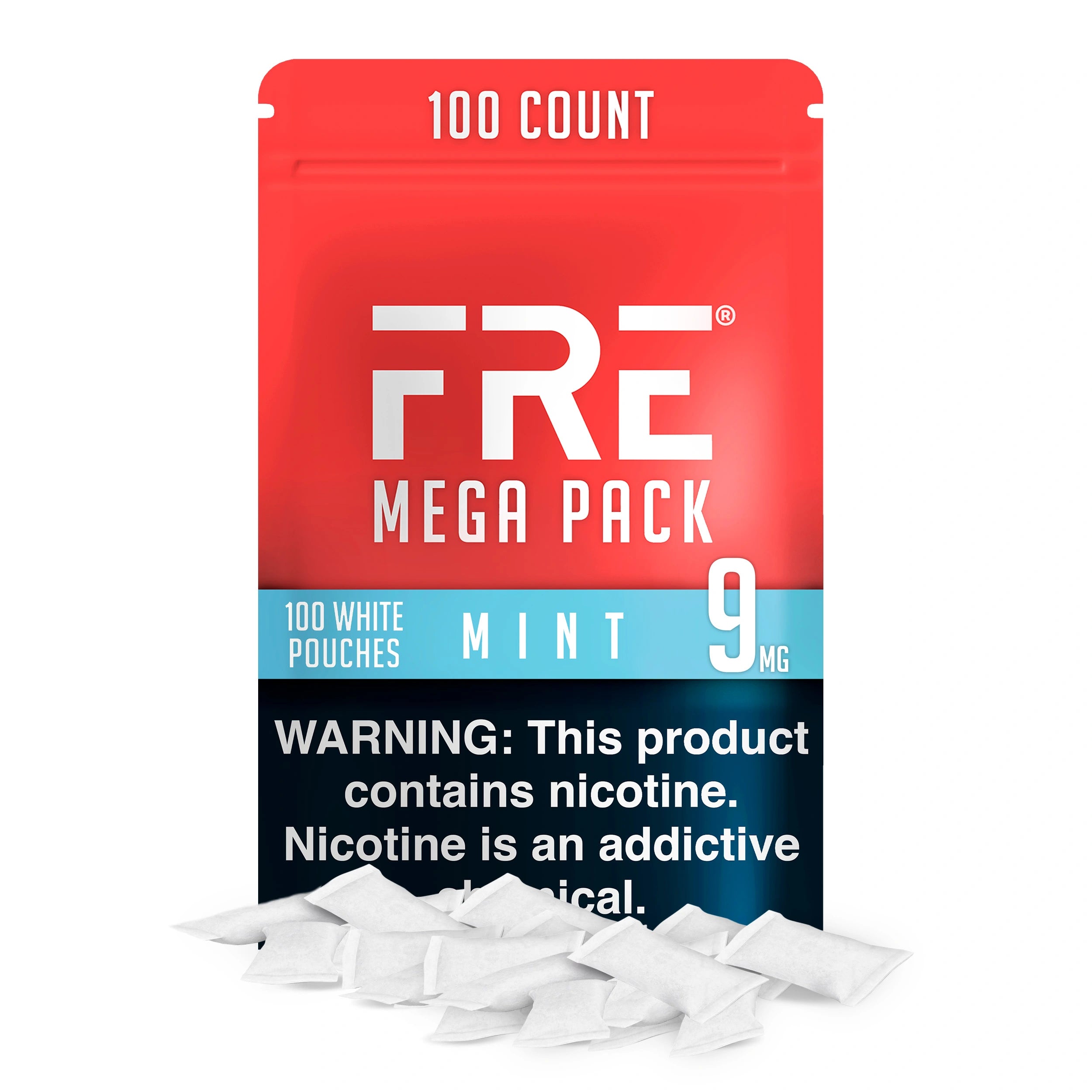 bulk 9 mg mint nicotine pouches in FRE Mega Pack with 100 white pouches, red and blue label, and nicotine addiction warning across the bottom