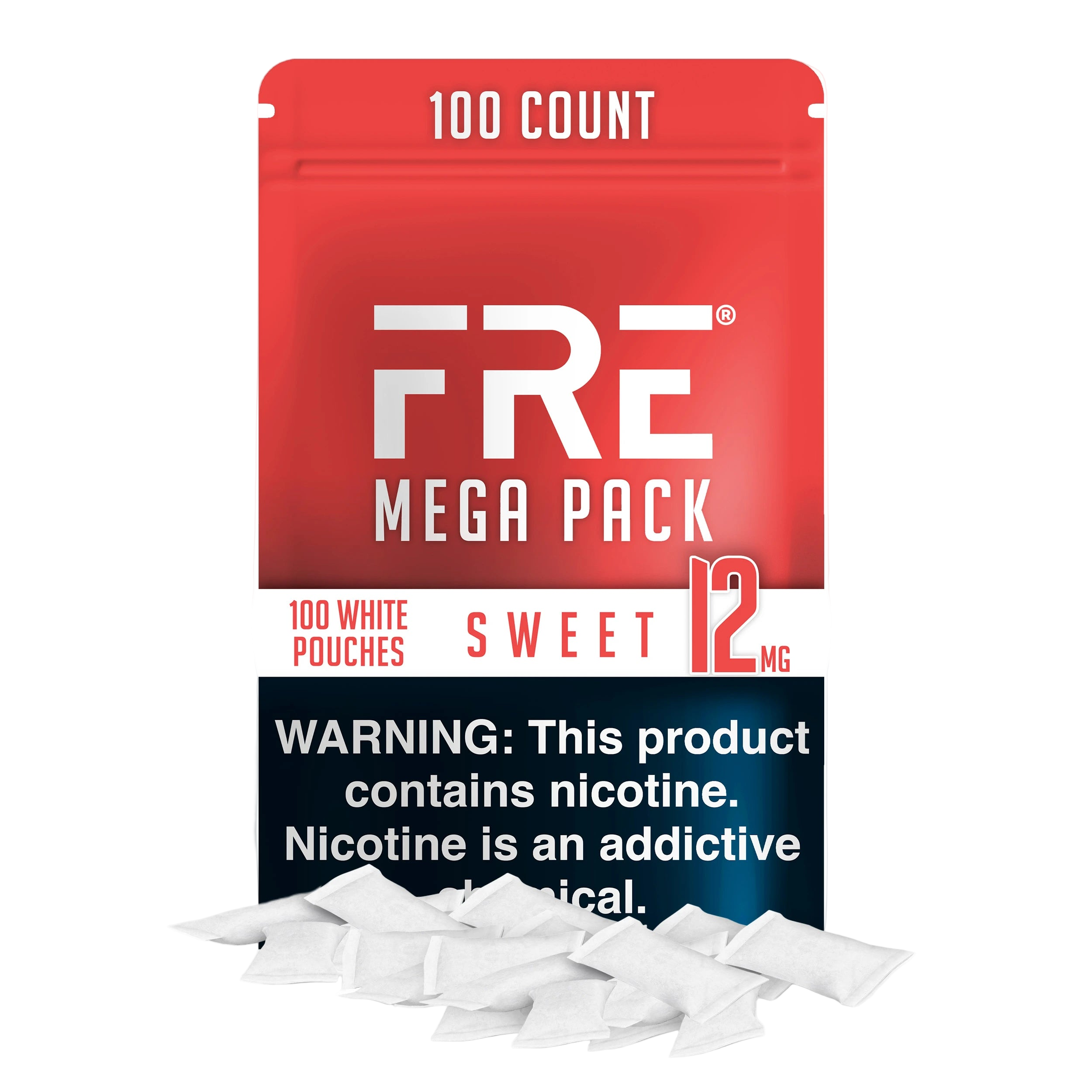 bulk 12 mg sweet nicotine pouches in FRE Mega Pack with 100 white pouches, red and white label, and nicotine warning clearly displayed