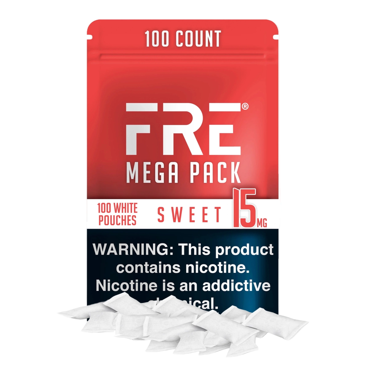 bulk 15 mg sweet nicotine pouches in FRE Mega Pack with 100 white pouches, red and white label, and nicotine addiction warning at the bottom