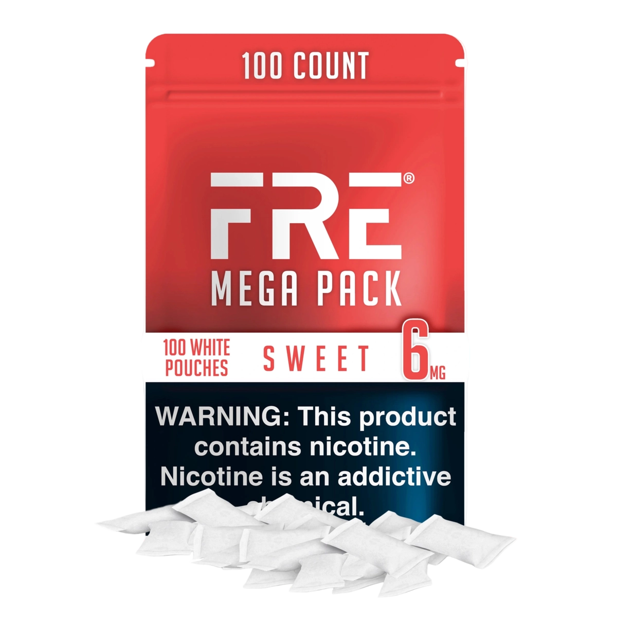 bulk 6 mg sweet nicotine pouches in FRE Mega Pack with 100 white pouches, red and white label, and addiction warning at the bottom