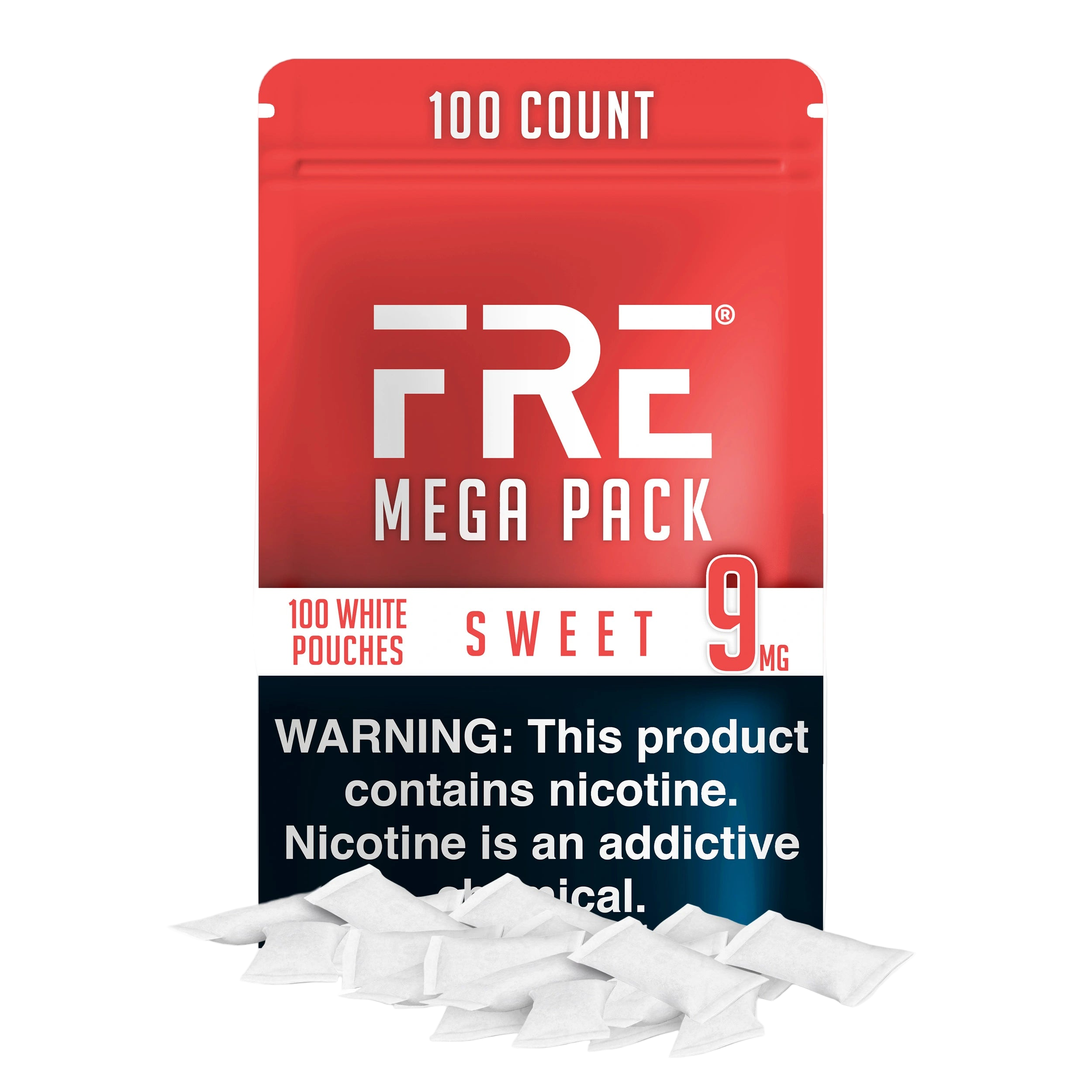 bulk 9 mg sweet nicotine pouches in FRE Mega Pack with 100 white pouches, red and white label, and visible nicotine warning text