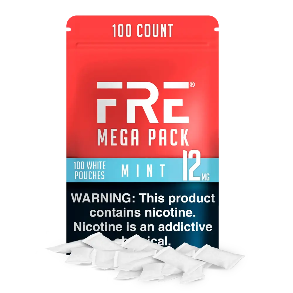 bulk 12 mg mint nicotine pouches in FRE Mega Pack with 100 white pouches, red and blue design, and nicotine addiction warning at the bottom
