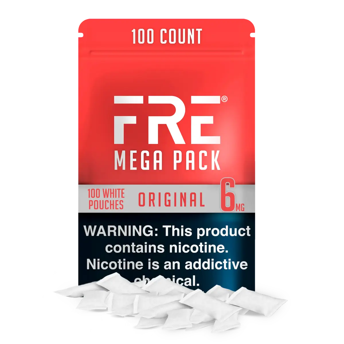 6 mg nicotine pouches in bulk in FRE Mega Pack with 100 white pouches, red and blue design, and nicotine warning clearly displayed