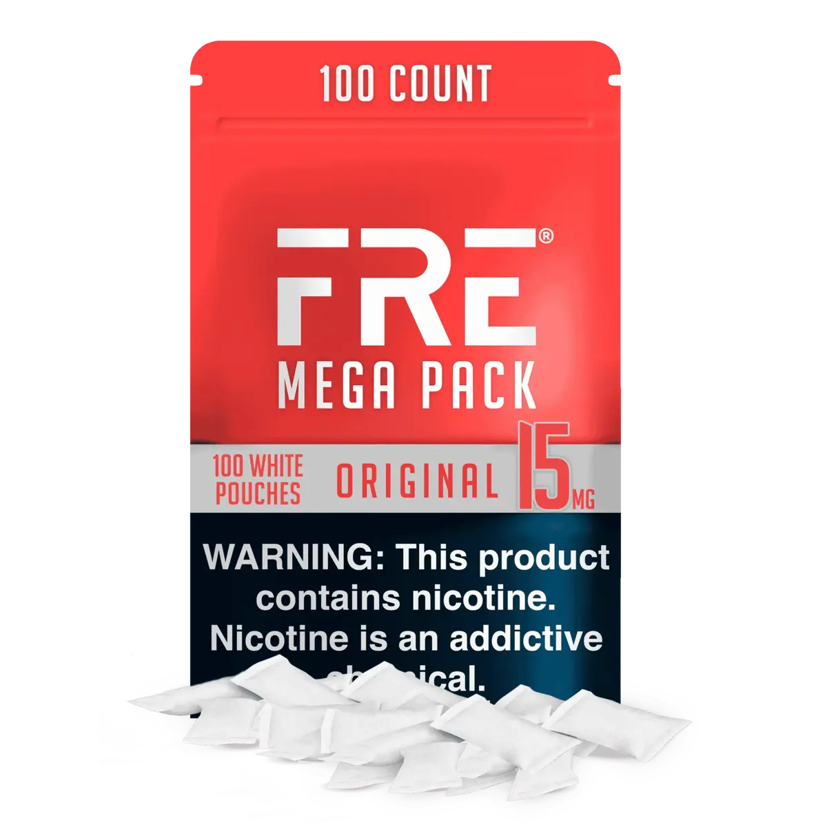 15mg bulk nicotine pouches from FRE Pouches in a red Original Mega Pack containing 100 white pouches.