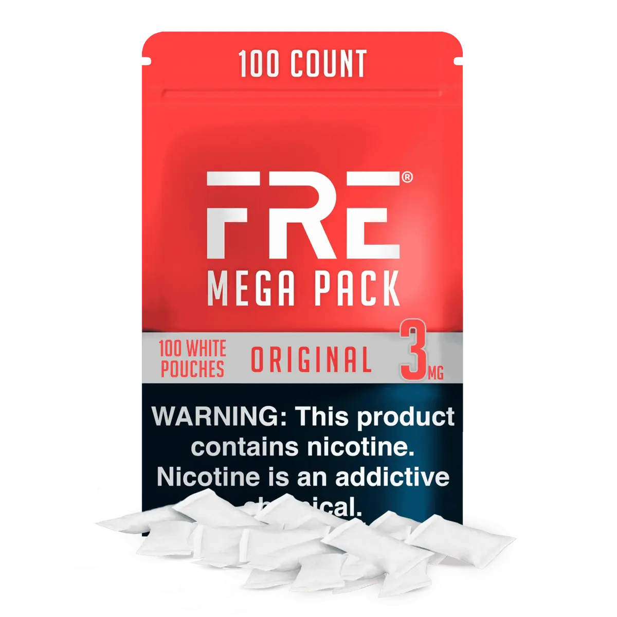 bulk 6 mg nicotine pouches in FRE Mega Pack with 100 white pouches, red and blue design, and nicotine warning clearly displayed