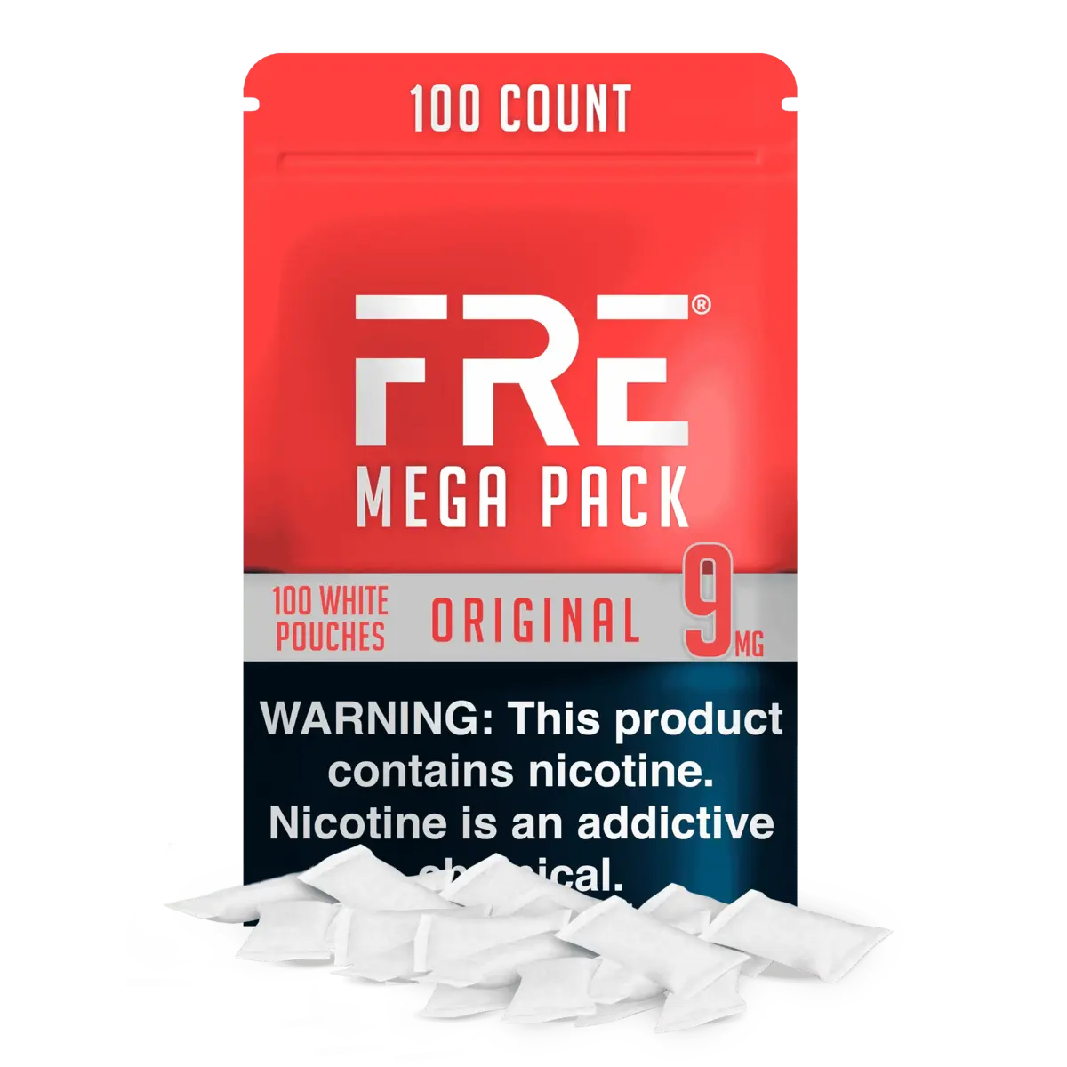 9 mg nicotine pouches in bulk in FRE Mega Pack with 100 white pouches, red and blue design, and nicotine warning clearly displayed