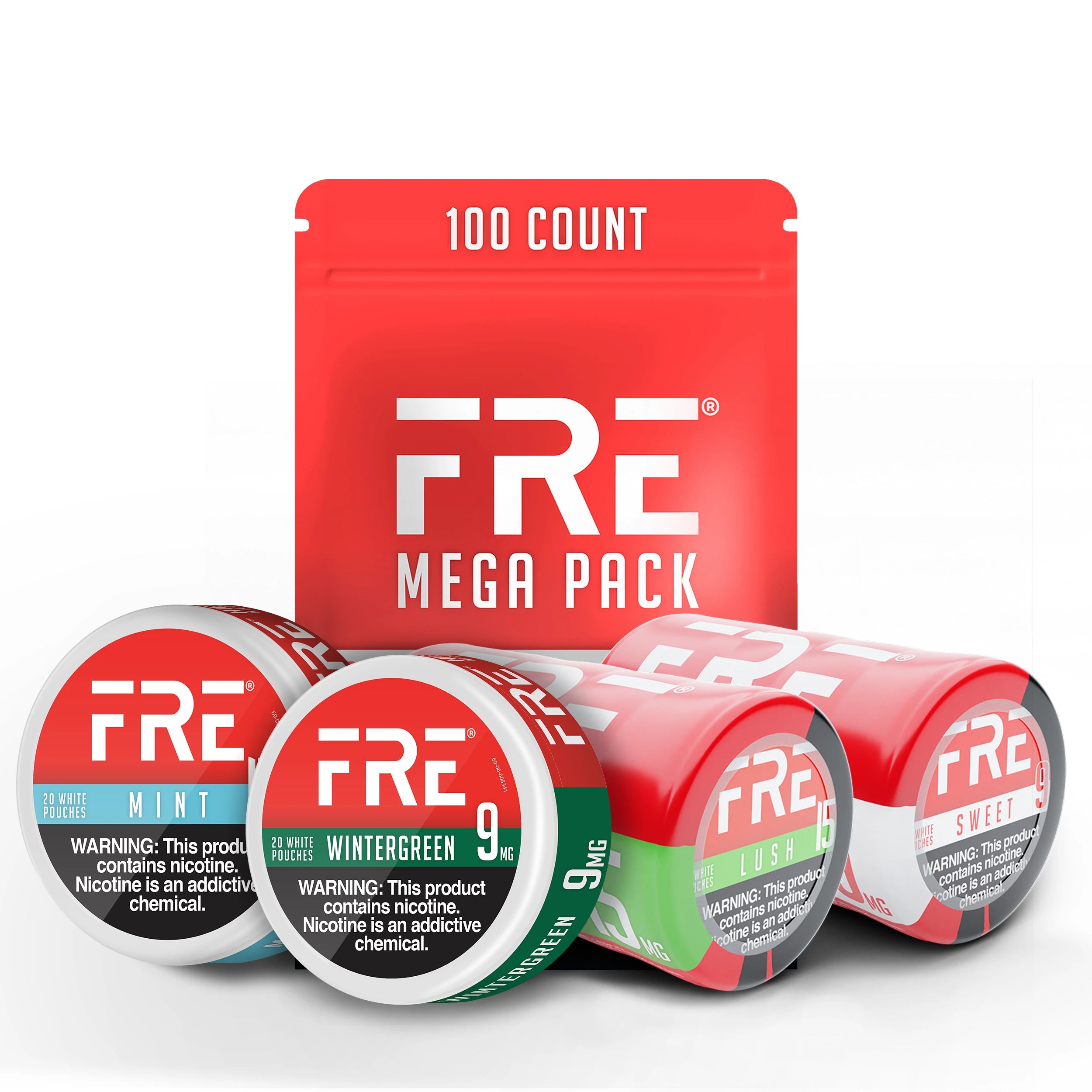 FRE Mega Pack 100-count pouch in the background with Mint, Wintergreen, Lush, and Sweet 9mg nicotine pouch cans arranged in front, displayed on a clean white backdrop.