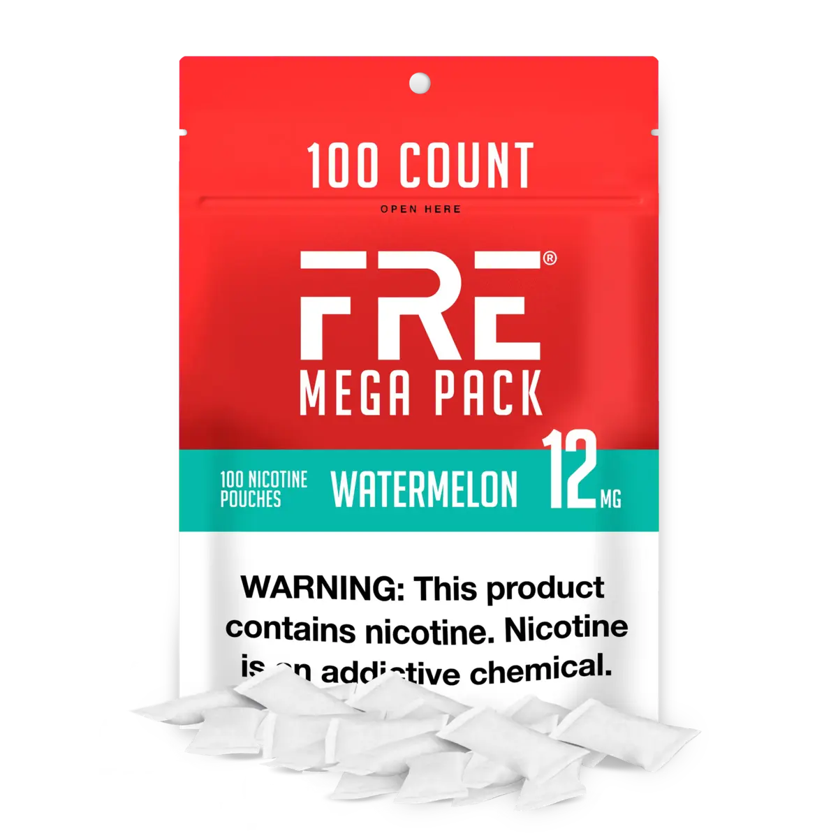 FRE Mega Pack Watermelon 12mg nicotine pouches, 100 count resealable bag with nicotine warning label