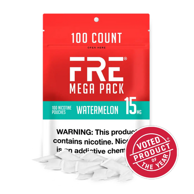 FRE Mega Pack Watermelon 15mg nicotine pouches, 100 count resealable bag with nicotine warning label