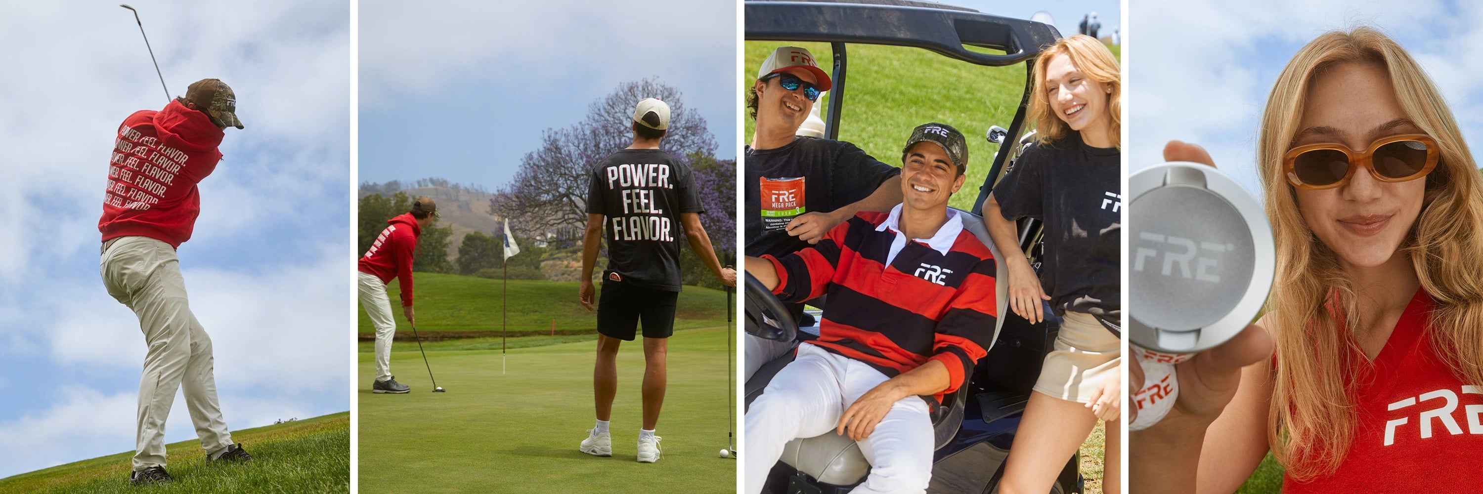 Group of people wearing FRE-branded apparel on a golf course, golfing, sitting in a cart, and holding FRE nicotine pouch cans
