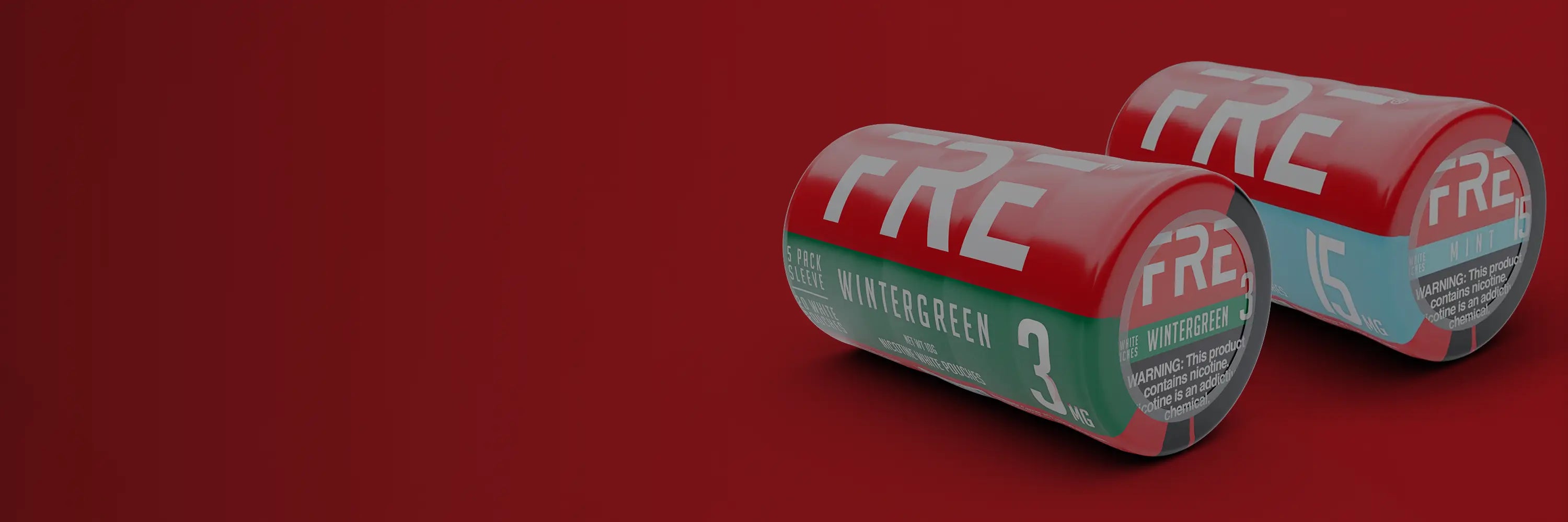 FRE Pouch multipack rolls of Wintergreen flavor and Mint in 3mg and 15mg strengths on a red background, highlighting nicotine options in multiple strengths