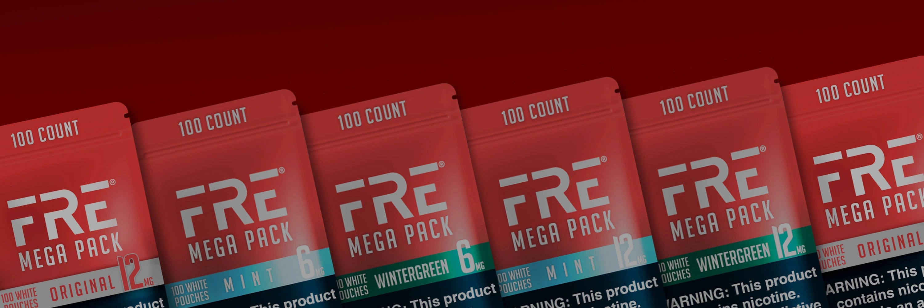 FRE Mega Pack nicotine pouches in Original, Mint, and Wintergreen flavors with 6mg and 12mg strengths, shown in 100-count resealable packs on a red background