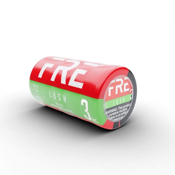 3 mg bulk nicotine pouches in a red and green FRE Lush 5-pack sleeve, labeled with nicotine warning and product branding.