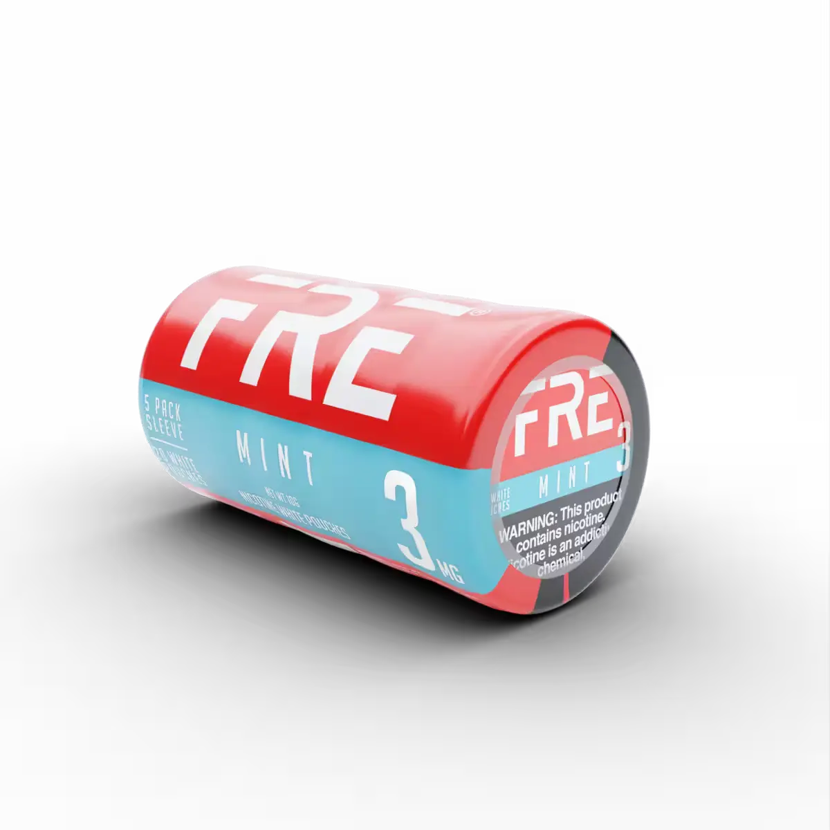 bulk 3 mg mint nicotine pouches in FRE 5-pack sleeve with red and blue label, white text, and visible nicotine warning on front can