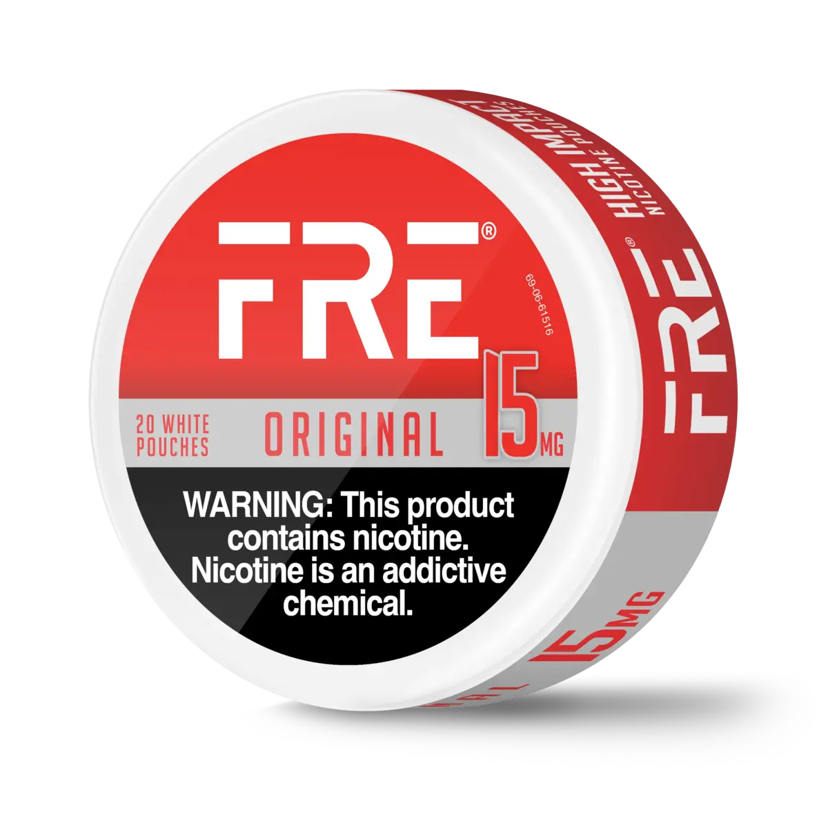 15mg unflavored nicotine pouches from FRE Pouches in a red and white Original flavor can with 20 white pouches.
