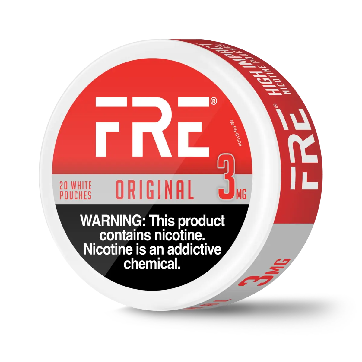 3 mg original nicotine tin featuring red FRE branding and a warning label about nicotine's addictive properties.