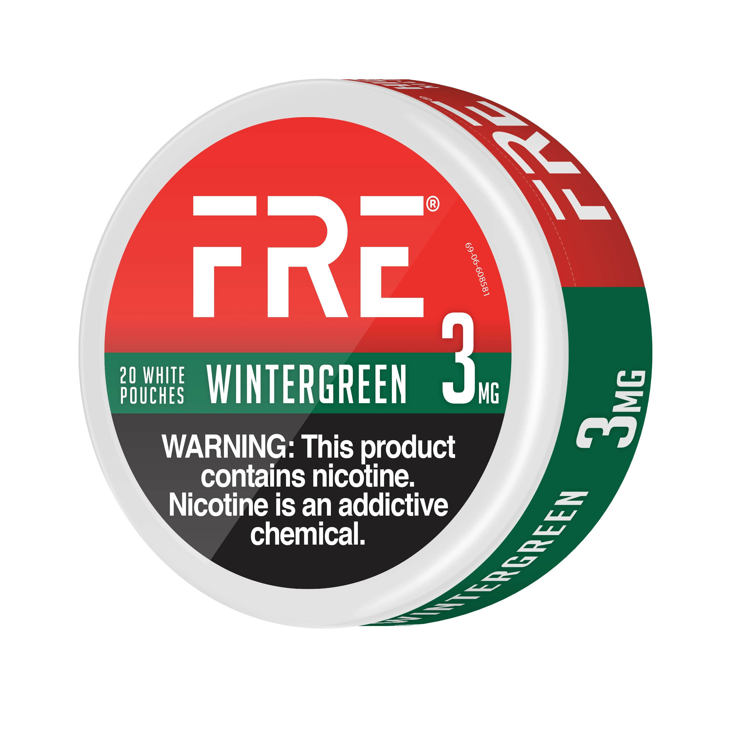 3 mg wintergreen nicotine pouches in FRE can with red and green label, 20 white pouches, and nicotine warning clearly displayed on the front
