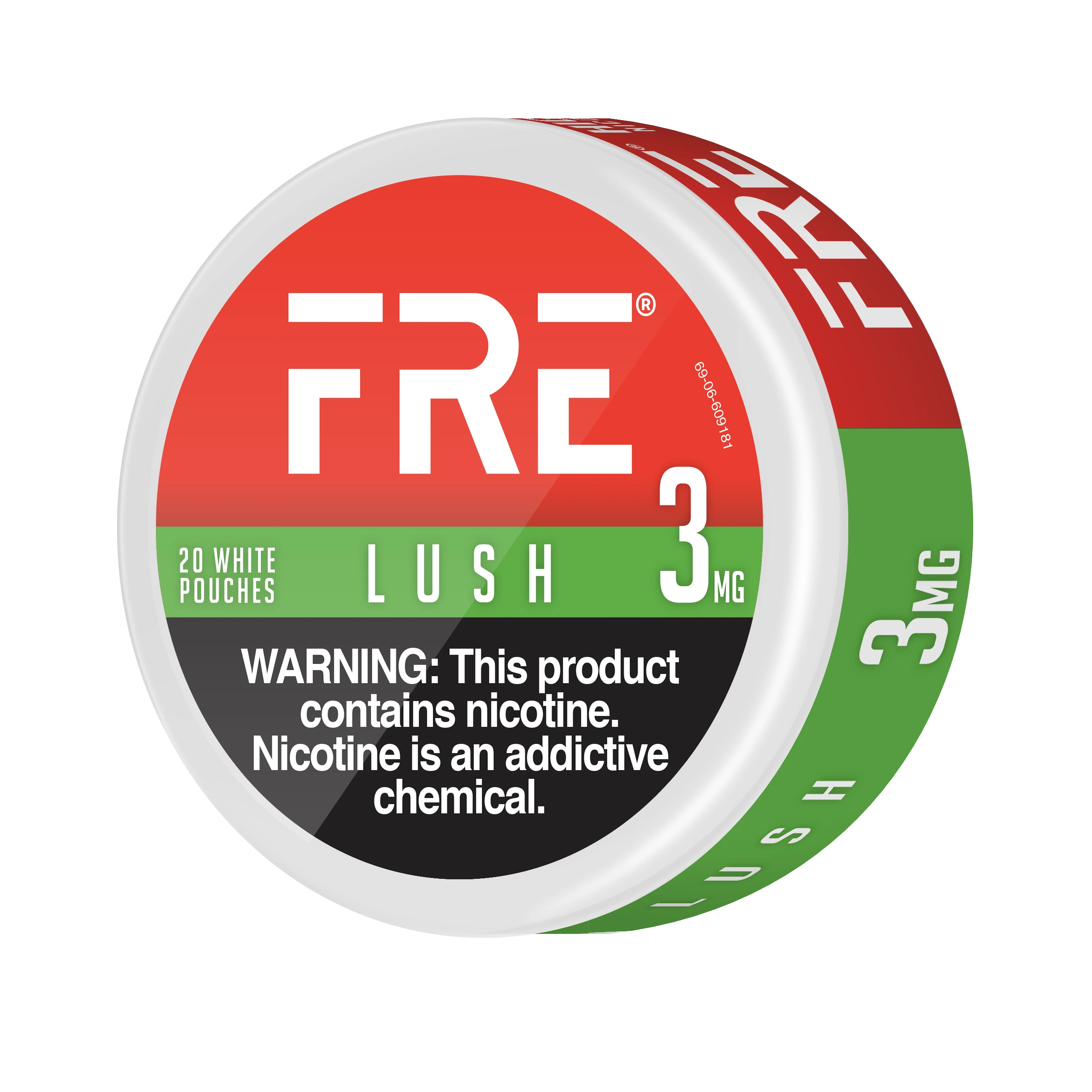 3 mg nicotine pouches in FRE Sweet can with red and white label, 20 white pouches, and visible nicotine warning on the front.