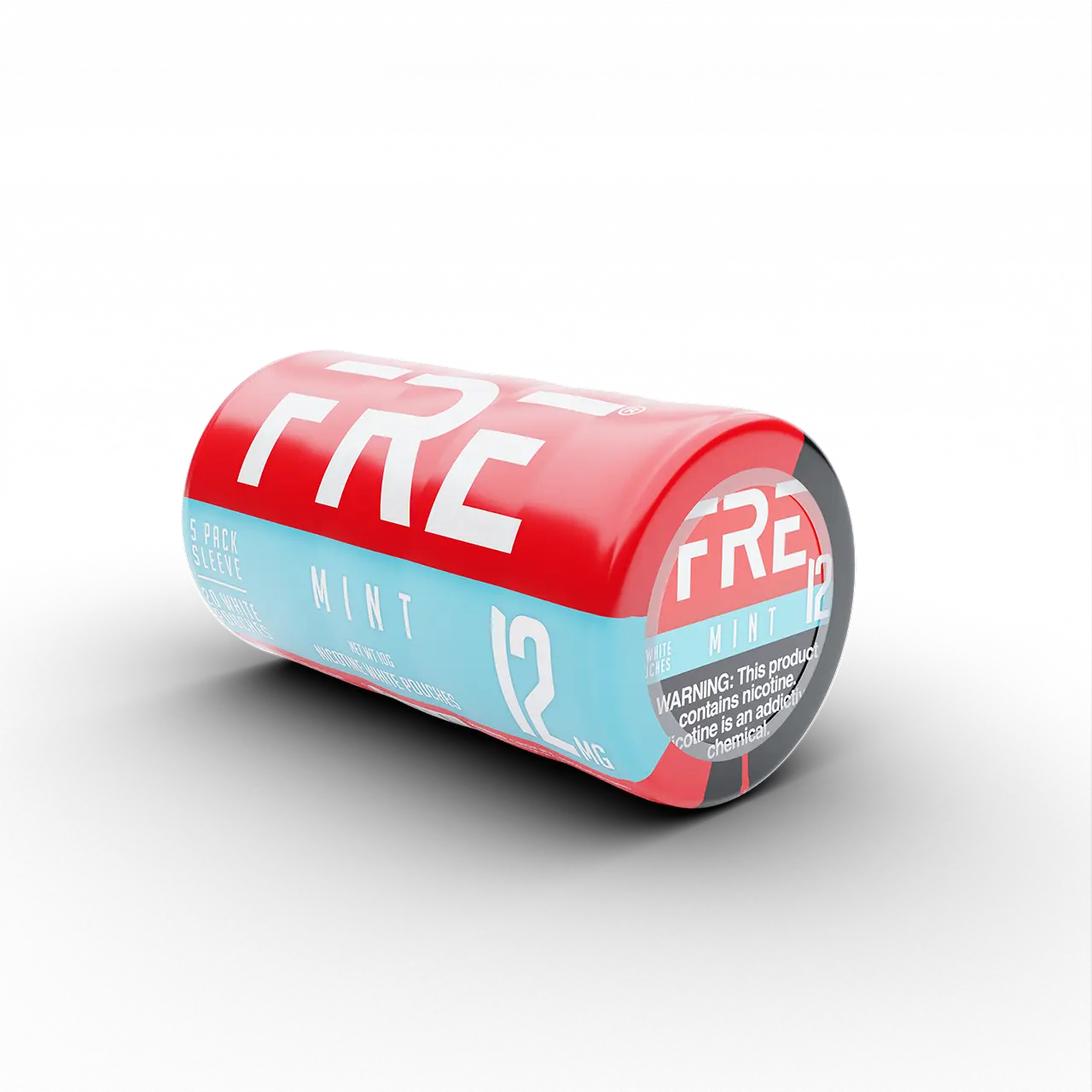 Bulk mint nicotine pouches in a FRE 12 mg 5-pack sleeve with red and light blue packaging on a black background.
