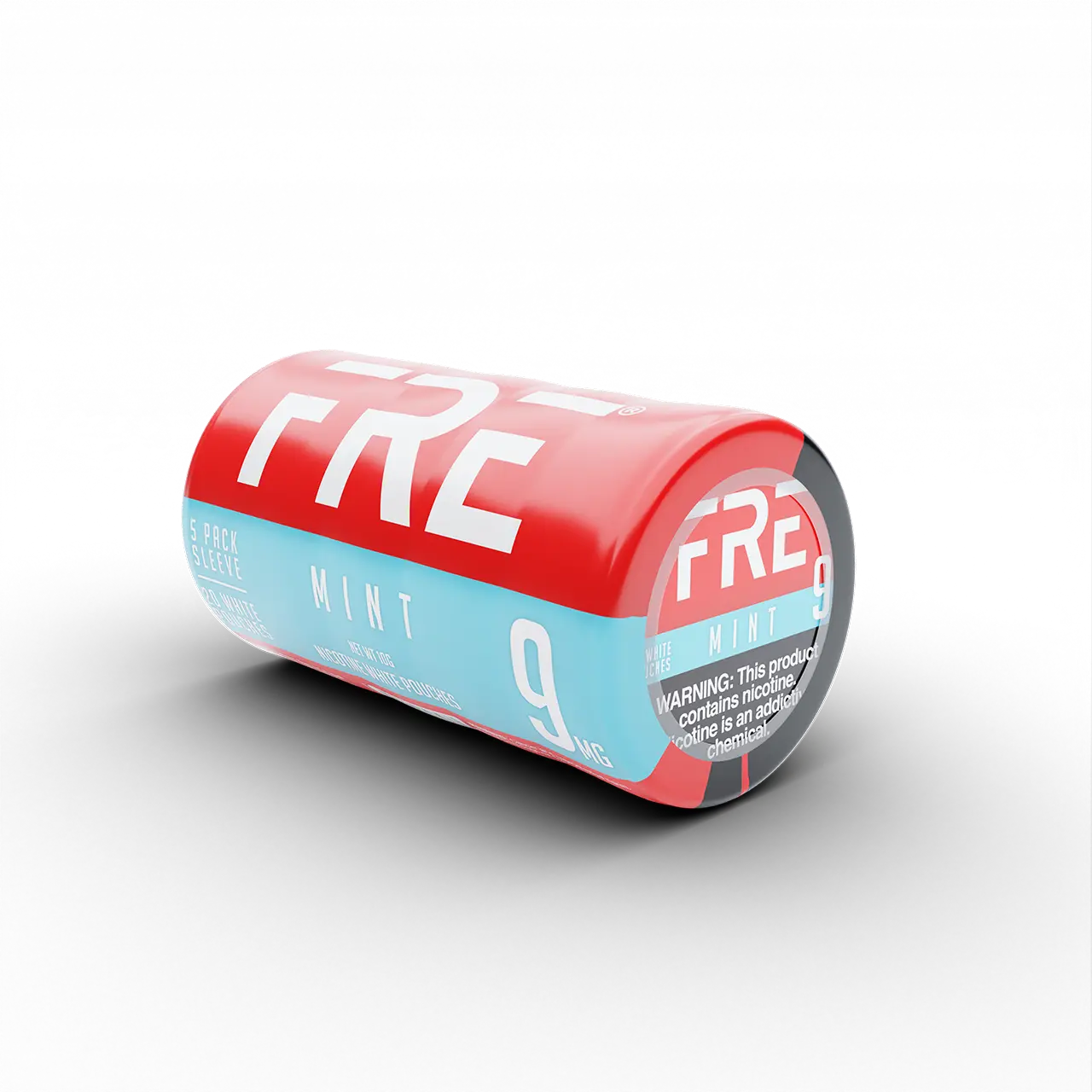 Mint nicotine pouches in bulk shown in a FRE 9 mg 5-pack sleeve with red and light blue packaging on a black background.
