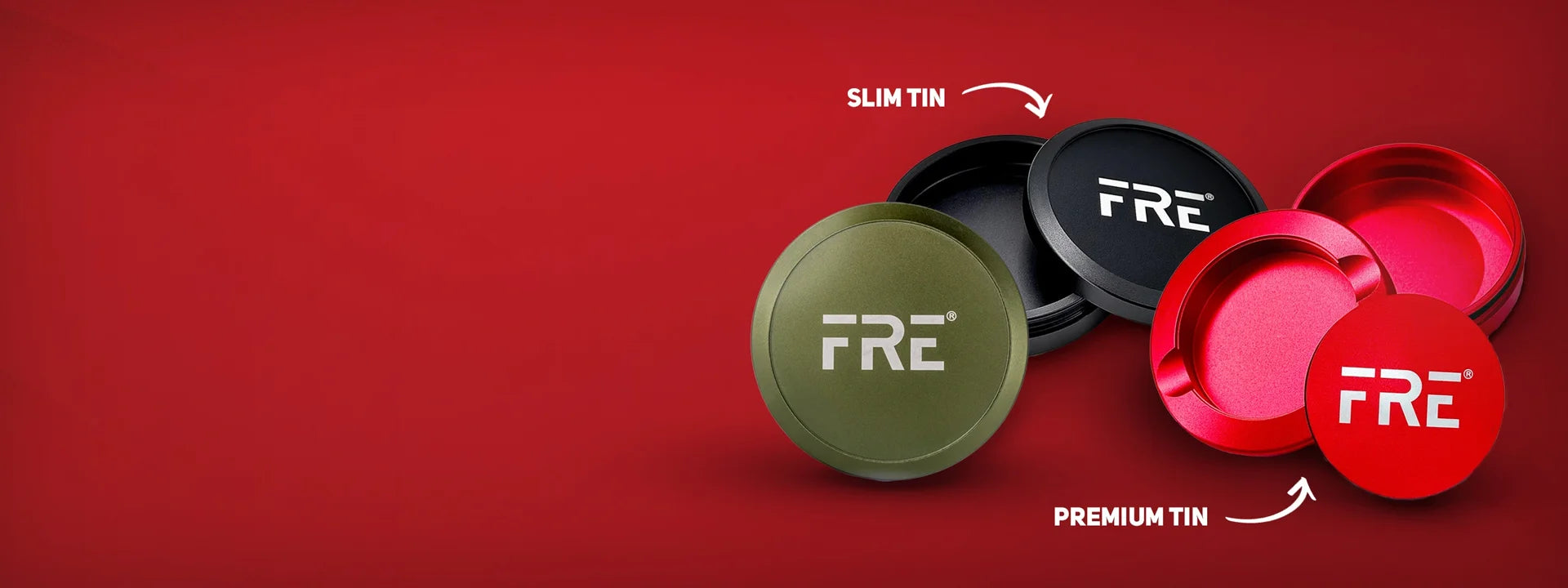 Comparison of FRE’s slim olive-green tin and premium red metal tin, both featuring the FRE logo, displayed on a red background to showcase storage options for nicotine pouches