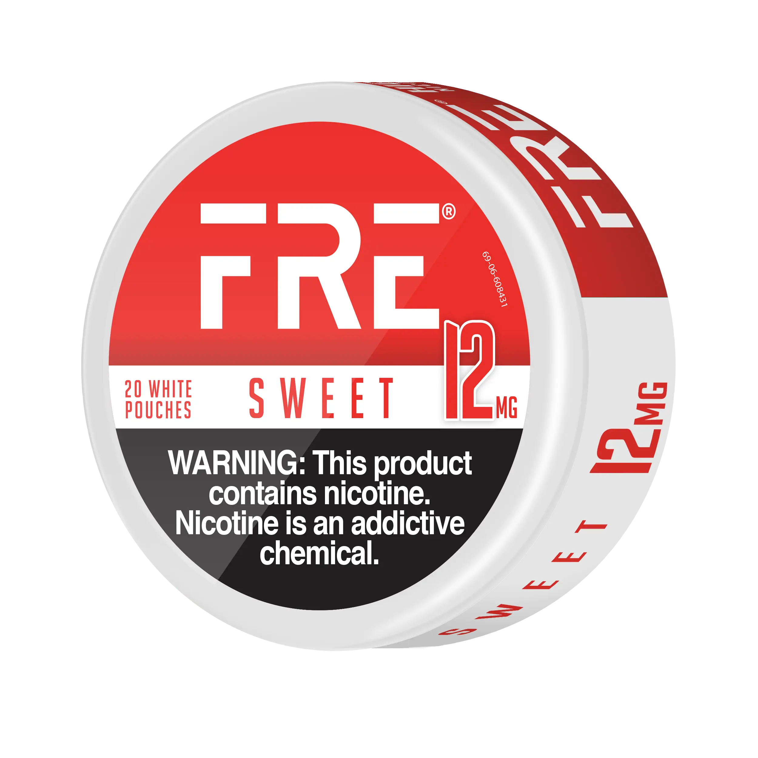 Buy nicotine pouches like FRE Sweet 12mg can featuring 20 white pouches and a bold nicotine warning label.
