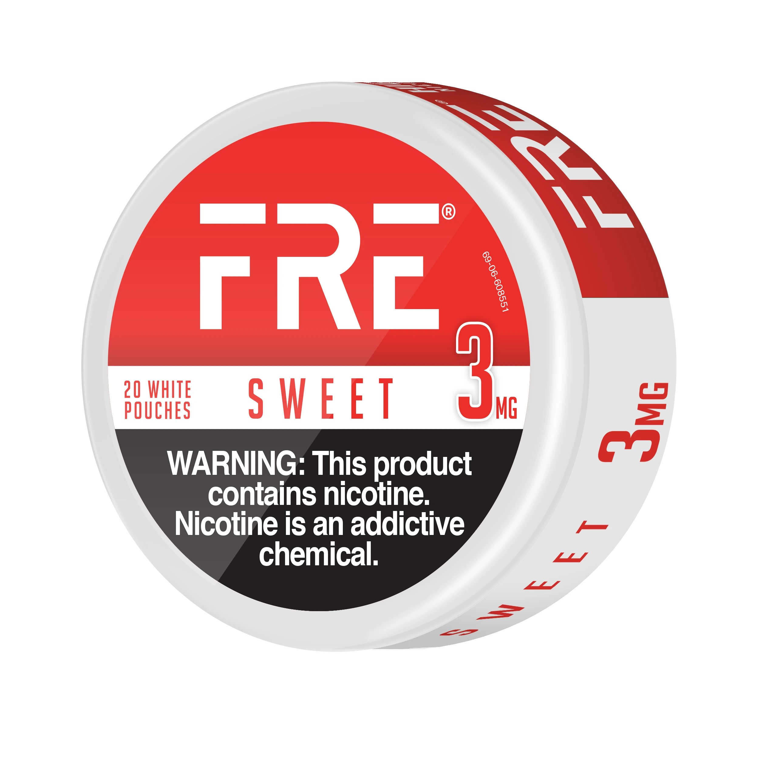 3 mg nicotine pouches in a FRE Sweet can with red and white design, labeled with nicotine warning and 20 white pouch count.