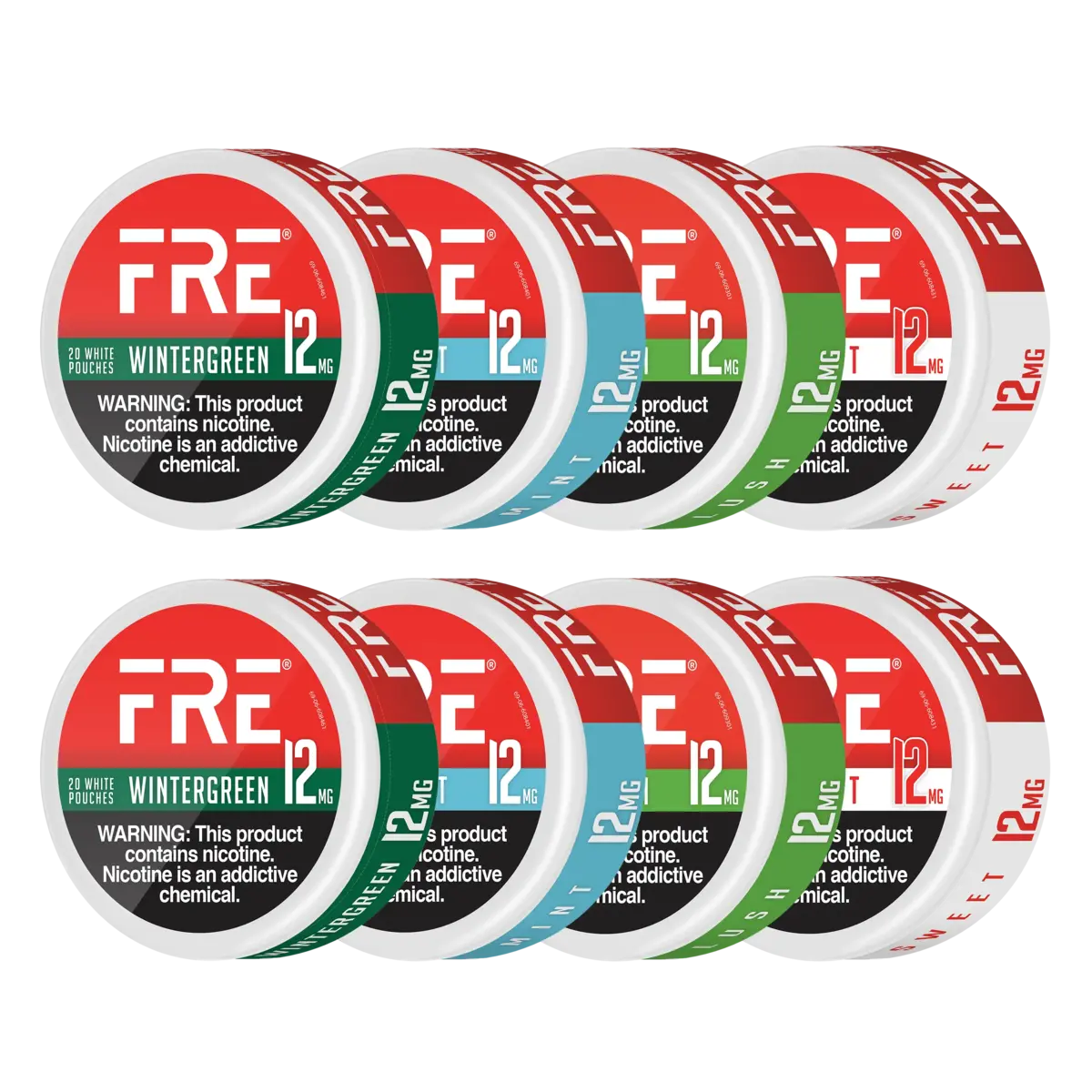 FRE nicotine pouches in wintergreen, mint, and spearmint flavors, labeled with 12mg strength and 20 white pouches per can
