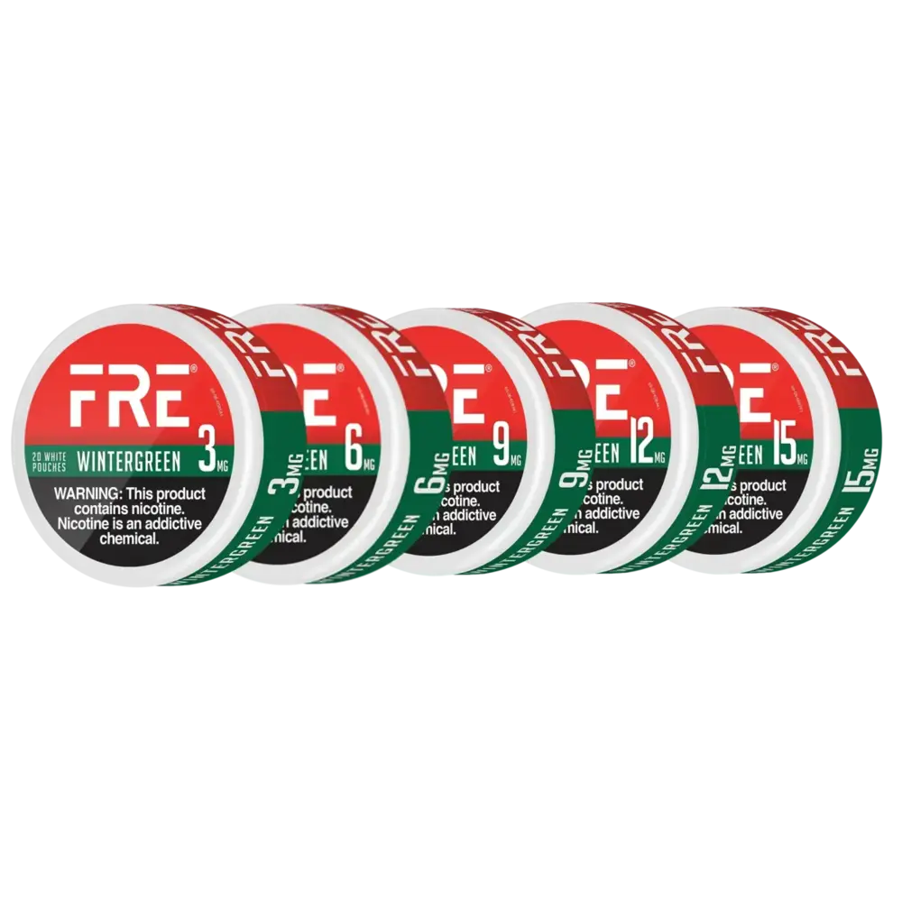 Wintergreen nicotine pouches in a lineup of cans showing strengths from 3mg to 15mg.