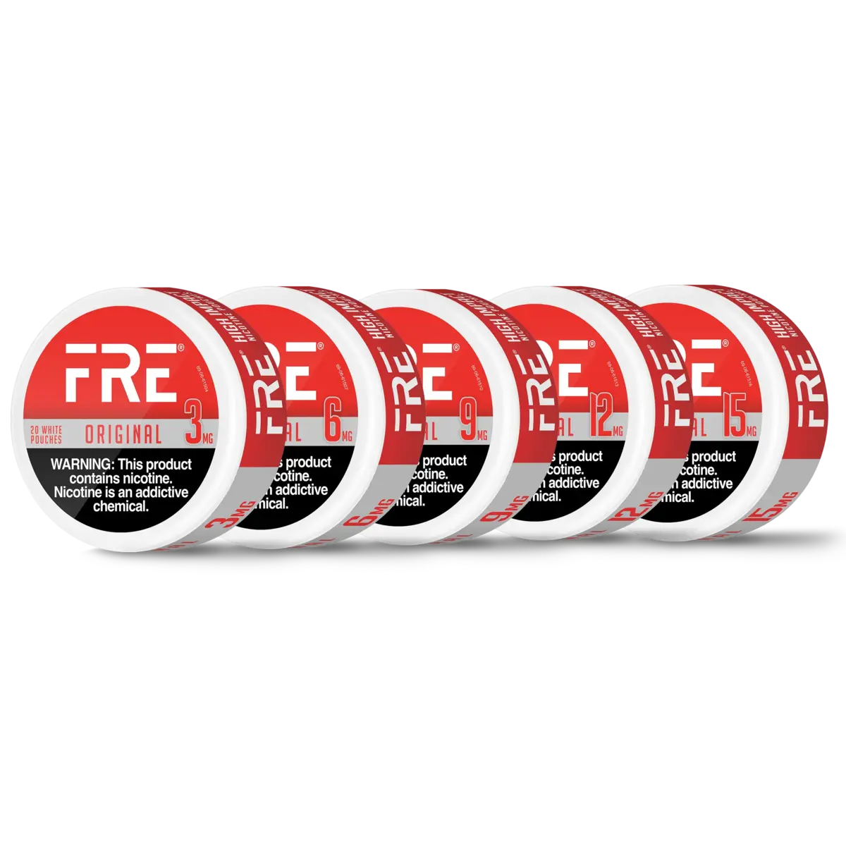 Original nicotine tins displayed in a lineup with increasing strengths from 3 mg to 15 mg in red FRE packaging.