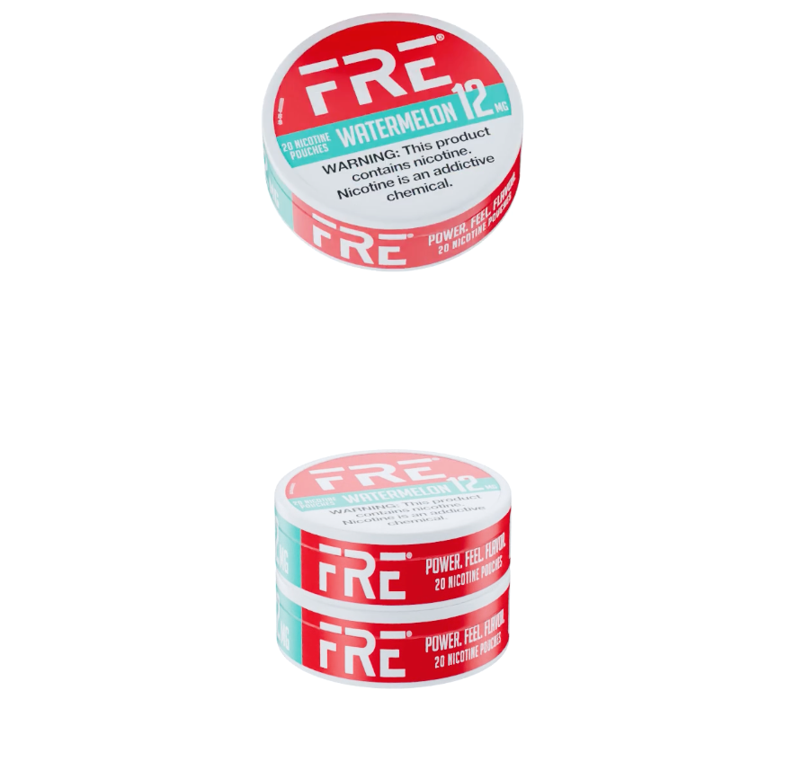 Animation of a 5-pack roll of FRE Watermelon Nicotine pouches stacking and wrapping