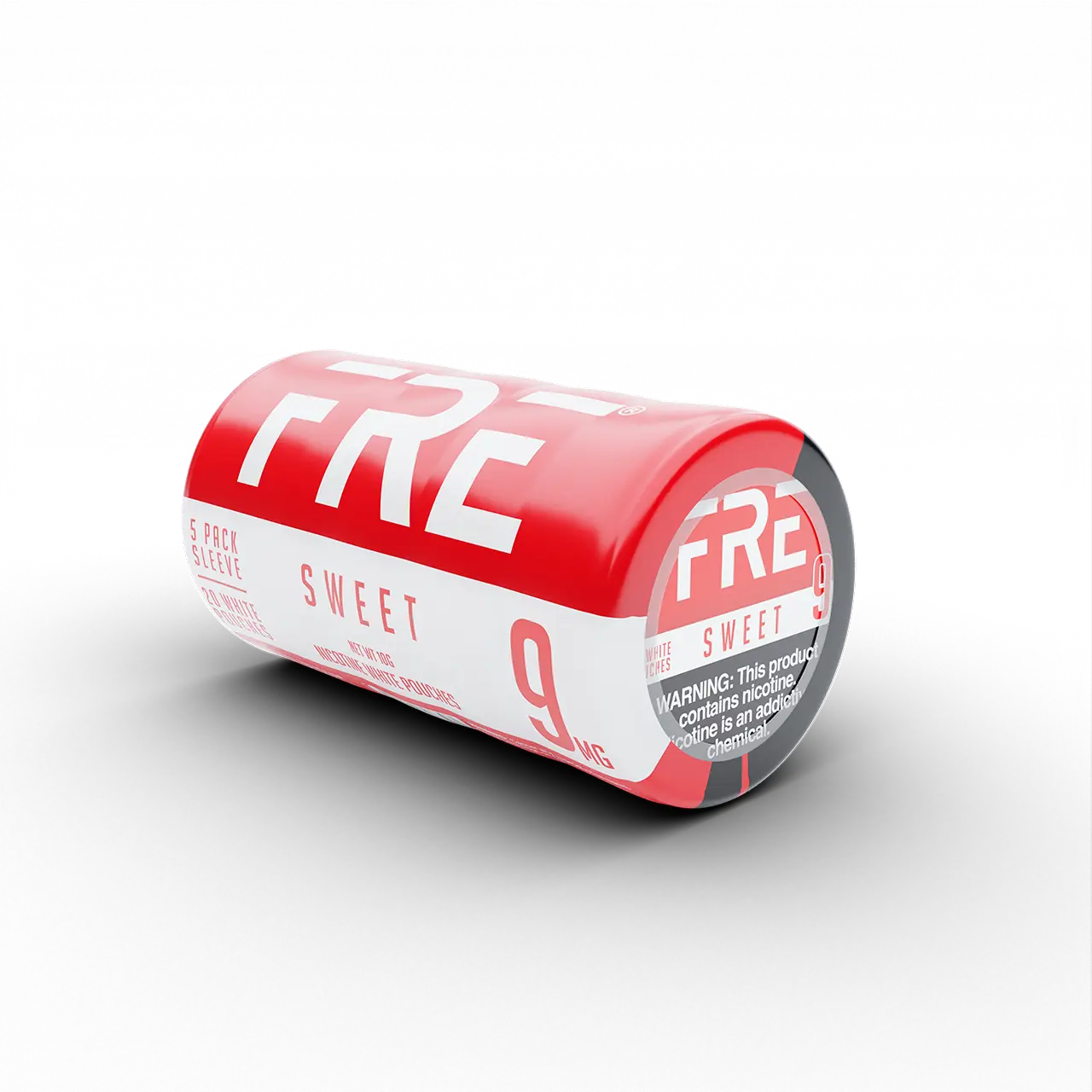 9 mg nicotine pouches in a FRE Sweet 5-pack sleeve with red and white packaging on a black background.