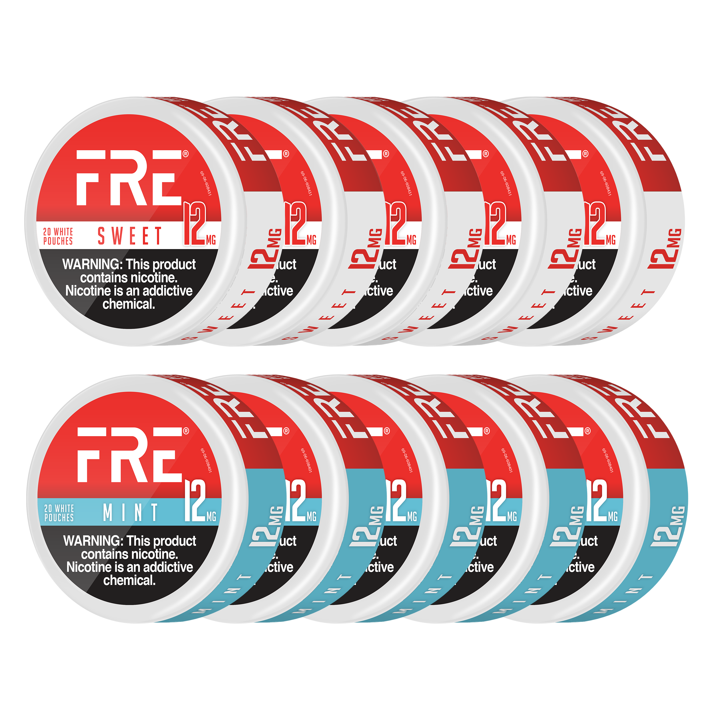 12mg bulk nicotine pouches from FRE Pouches in Sweet and Mint flavors, Original Mega Pack with 200 white pouches.