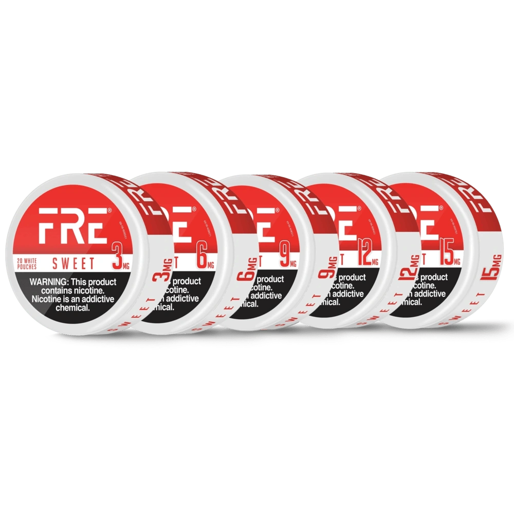Lineup of FRE Sweet nicotine pouch cans in increasing strengths—3mg, 6mg, 9mg, 12mg, and 15mg—each with a red, white, and black label and warning text.